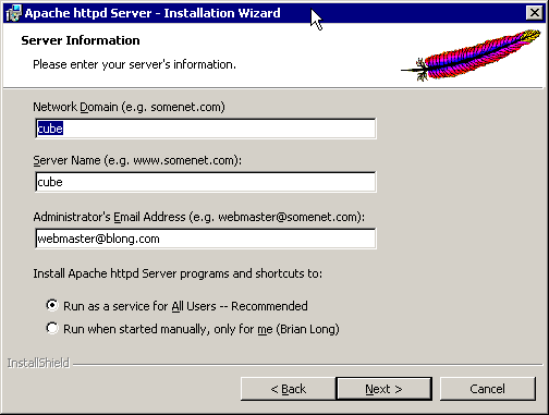 Apache installation settings