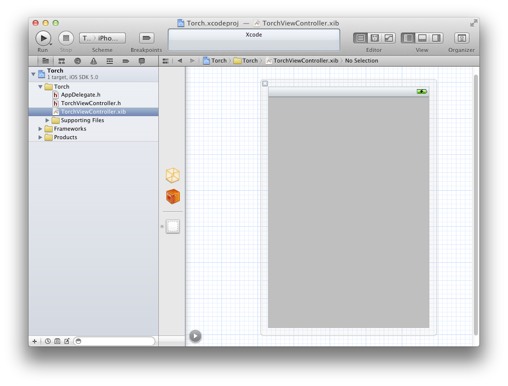 The nib file open in Interface Builder