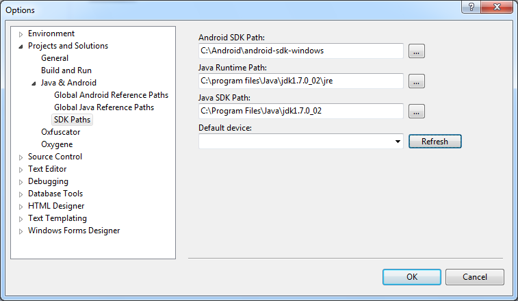 The Android and Java path settings